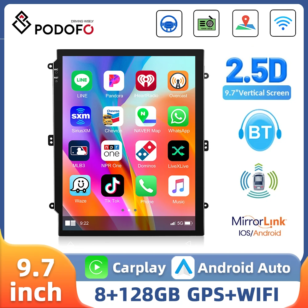 Podofo 9.7'' 2din Car Radio 8Core Multimedia Player 4G WIFI Carplay Android Auto 8+128G GPS Navigation DSP Bluetooth Car Audio