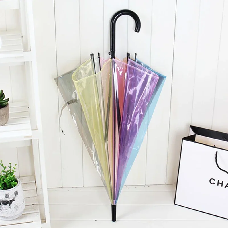 Japanese Rainbow Transparent Umbrella Style Long Handle Clear Rain Umbrella for Girls Women Travel Fashion Daily Use 투명 장우산