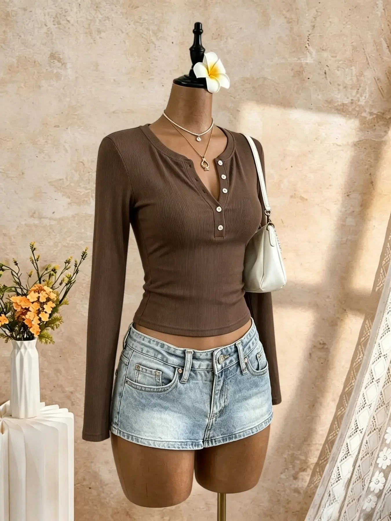 Women Slim Fit Henley Neck Long Sleeve Tee Ribbed Texture Button Front Daily Casual Tops