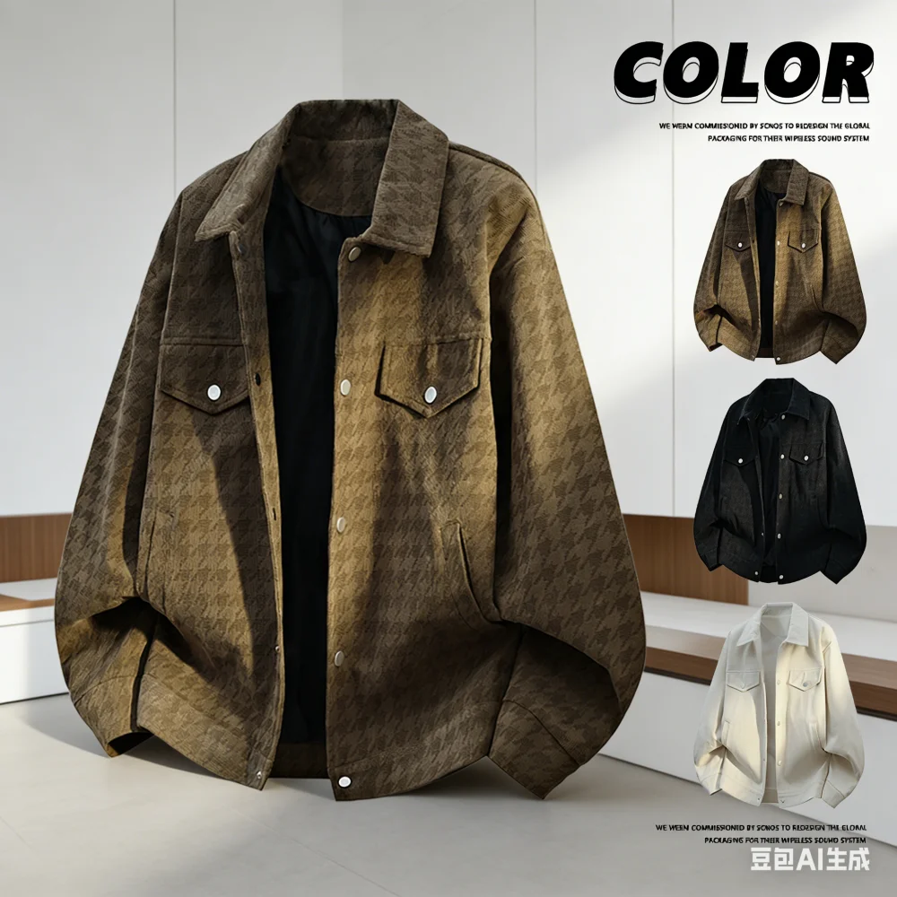 Corduroy collar new-style jacket for men, 2026 spring, autumn and winter new trend, retro and high-end checked coat, extra large