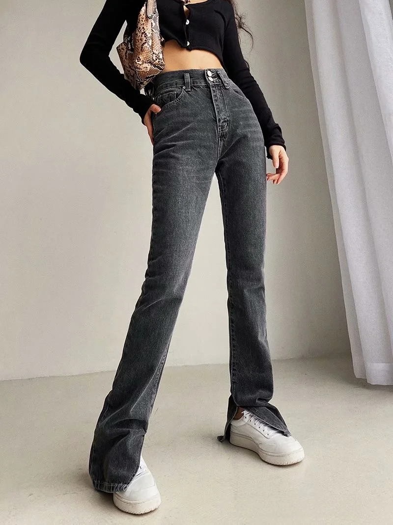 春秋INSマイクロフレアジーンズ レディース スリムフィット ハイウエスト ロングパンツ 薄手デニム フロア丈パンツ 若い女性向け