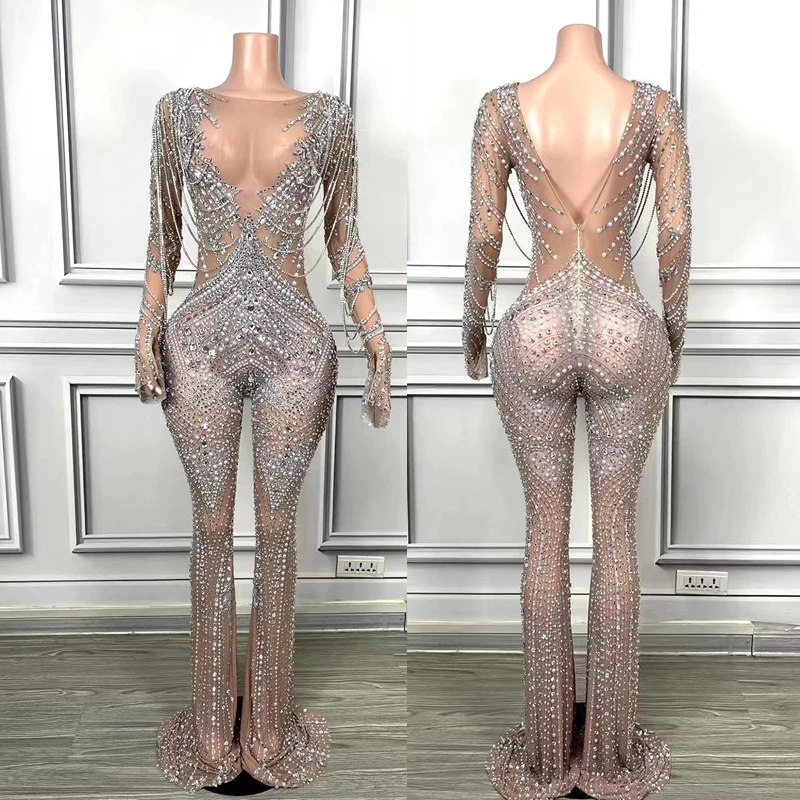 Nightclub Bar Full Diamond Long Sleeved Jumpsuit Wide Leg Pants Women Gogo Dancers Outfits Drag Queen Stage Costumes DN19172