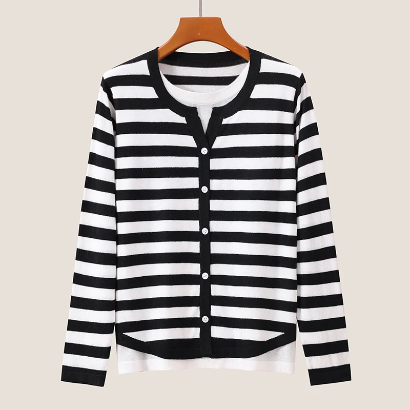 

Classic Striped Fake Two Pieces Wool Cardigan Women Knitted Sweater Long Sleeve Single Breasted High Quality Basic Loose Tops
