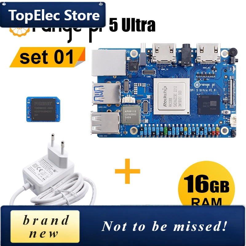 TopElec Orange Pi 5 Ultra 16GB Single Board Computer Sets With 256GB EMMC Module And 5V5A Type-C Power Supply, 3ps Sets