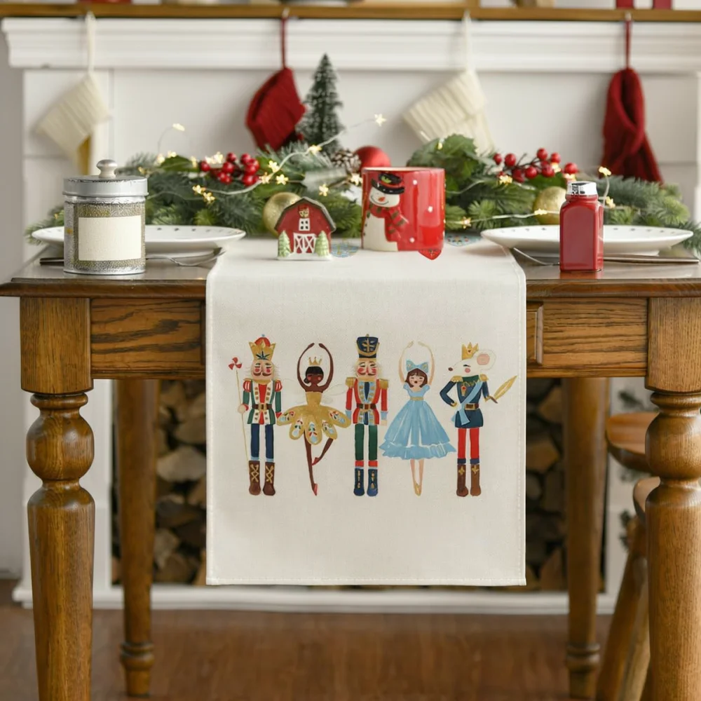 Christmas Dining Table Runner Nutcracker Tree Print Tablecloth Festive Holiday Party Home Decor Linen Table Runner