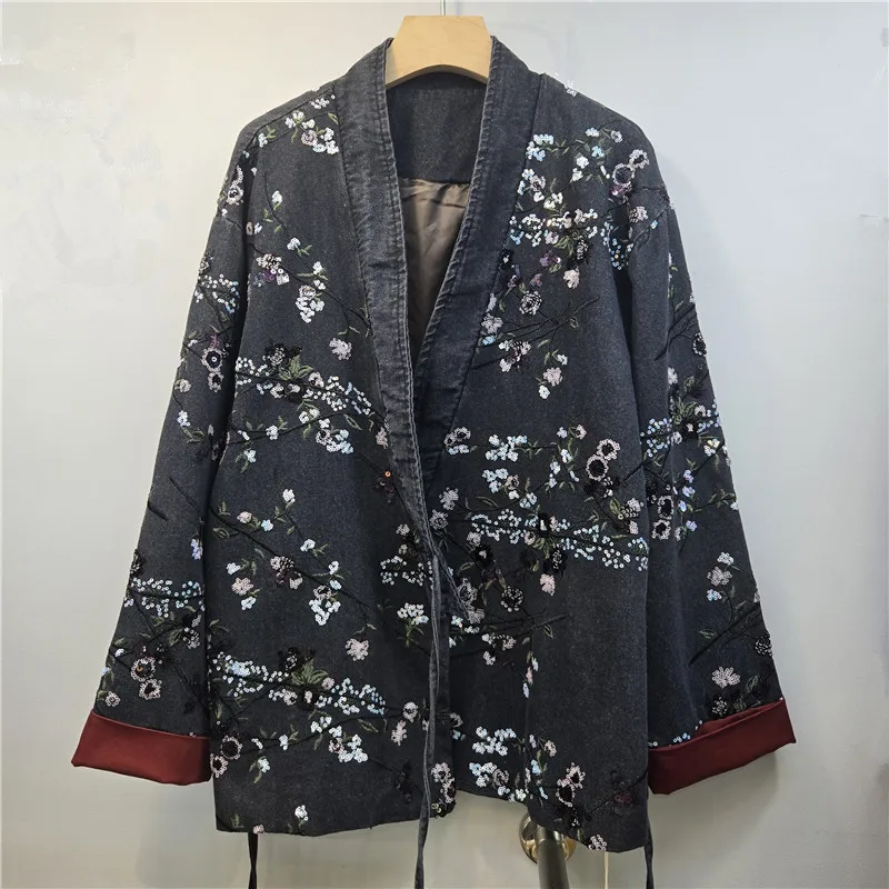 SuperAen Retro 2026 Autumn New Korean Style Loose Embroidered V-Neck Strapped Denim Coat for Women Mid-Length Casual Top