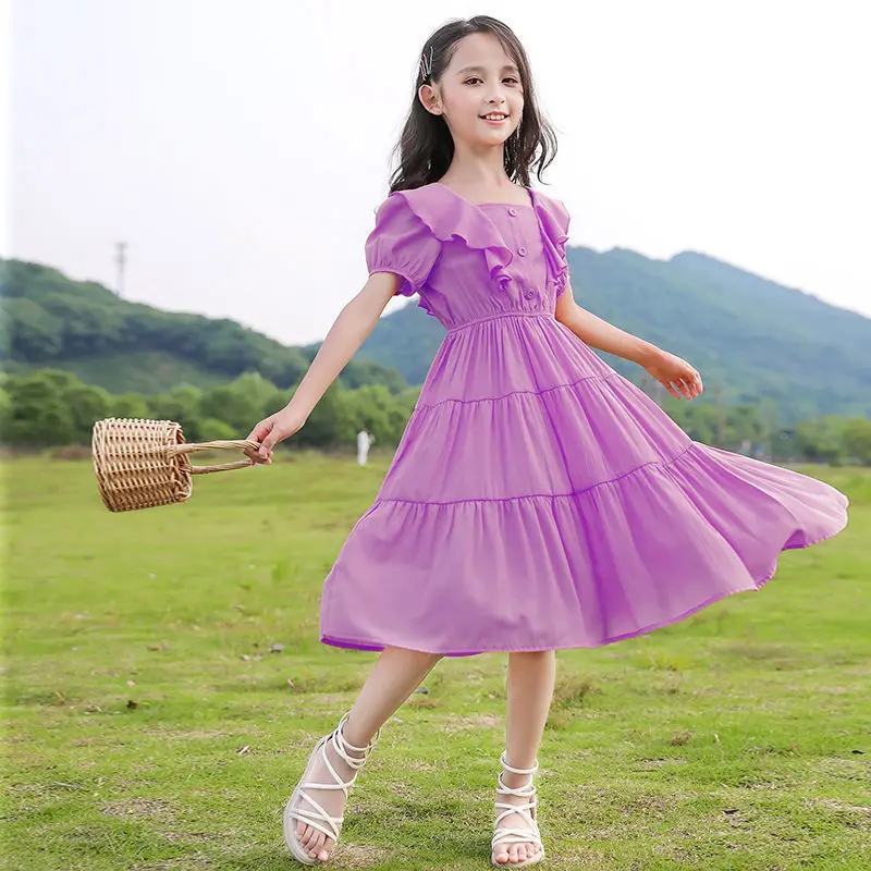 2023 summer princess ruched dress boat neckline short sleeve loose mesh lace kids child toddler teenager 5 6 8 9 10 11 12 years