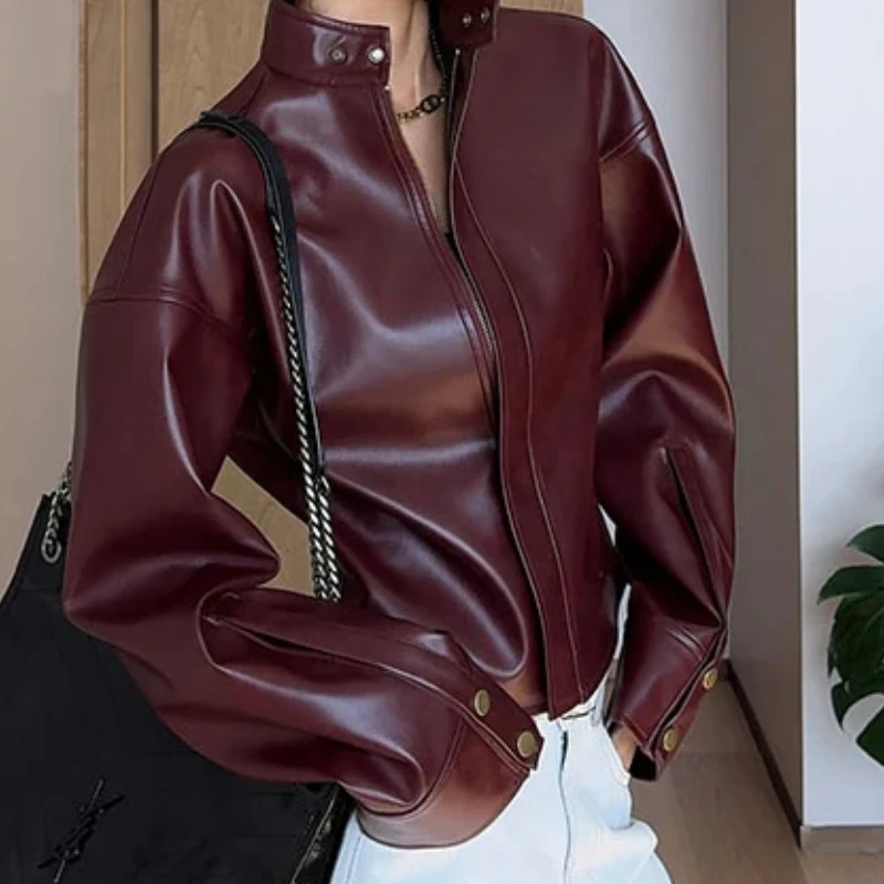 Women's Spring Autumn Tops Jacket Leather Coat Standing Collar Long Sleeve Cardigan Vintage Casual Designed Fashion Niche Skinny