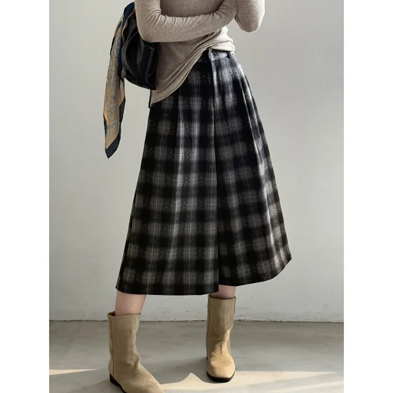 Autumn and Winter Versatile Straight Retro Woolen Plaid Wide-leg Pants Women's Casual Cropped Pants