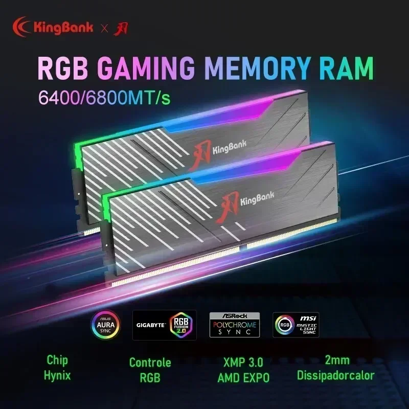 Kingbank DDR5 Memory Ram DDR5 6400MHz 6800MHz 32GB (16GB X2) 64GB ( 32GB X2) Memoria Ram DDR5 RGB XMP3.0 DIY Computer Desktop