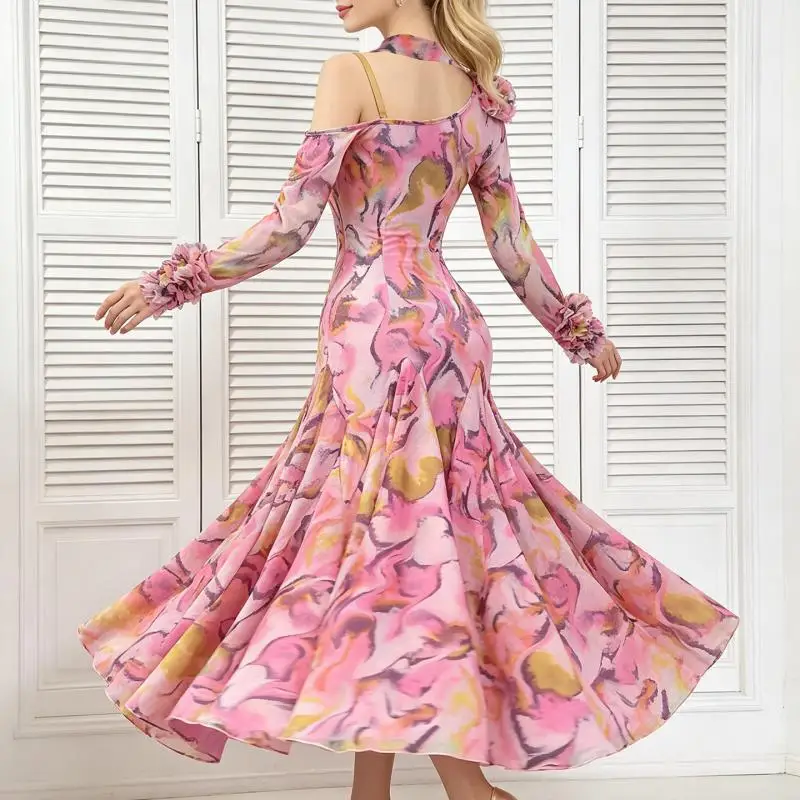 2026 Professional Modern Dress Printing Flower Gb Dance Competition Dress Performance Art Test Practice Dance Dress W24015