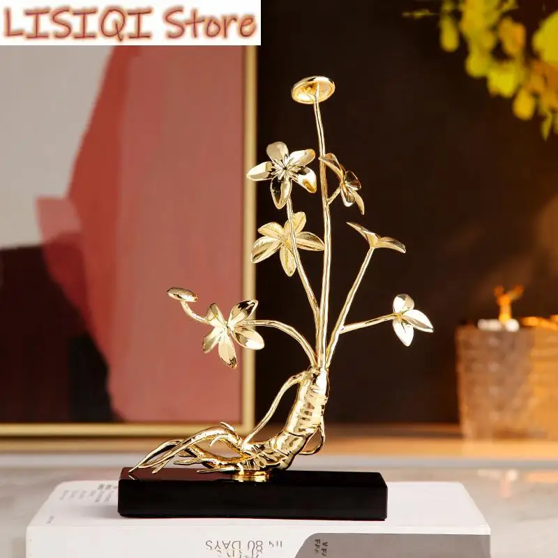 

New Metal Handicraft Ornaments Golden Ginseng Simulation Plant Sculpture Ginseng Flower Home Decoration Accessories Figurines