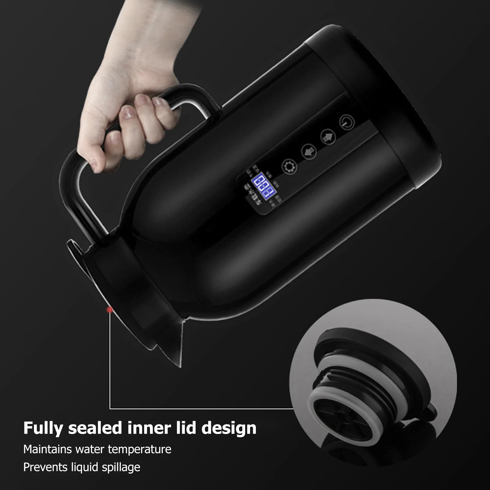 كوب تسخين السيارة، غلاية مياه كهربائية محمولة من الفولاذ المقاوم للصدأ للشاي والقهوة باللون الأسود 1300 مل