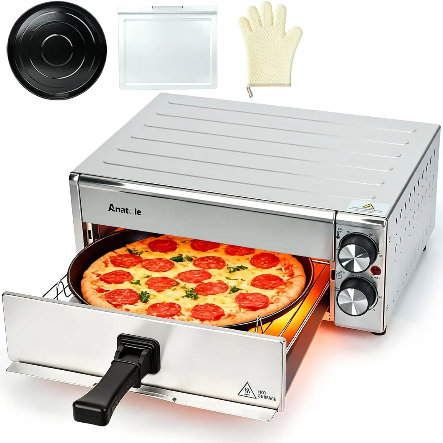 

Electric Pizza Oven Indoor Air Fryer 12' 1800W Stainless Steel Countertop Pizza Maker Convection Cooker Time Temperature