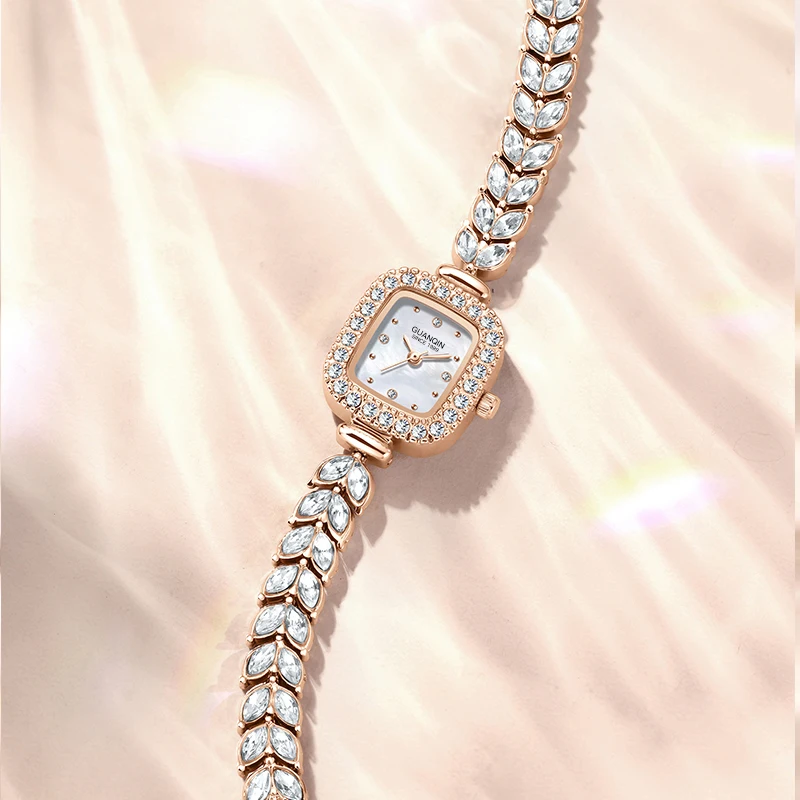 GUANQIN Luxury Lady's Quartz Watch Mother-of-Pearl Dial Fish-Tail Chain Strap Leisure 30M Waterproof Watch for Women for Gifts