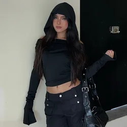 Black Folds Crop Top Hooded Full Sleeve T Shirt Women Punk Gothic Fashion Autumn Korean Pullovers Streetwear Grunge