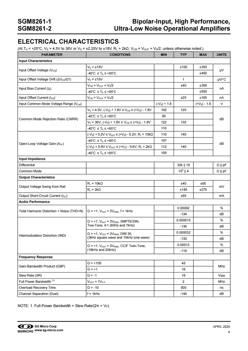 10Pcs/Lot SGM8261-1YS8G/TR SOIC-8,Bipolar-Input, High Performance,Ultra-Low Noise Operational Amplifiers,New andOriginal