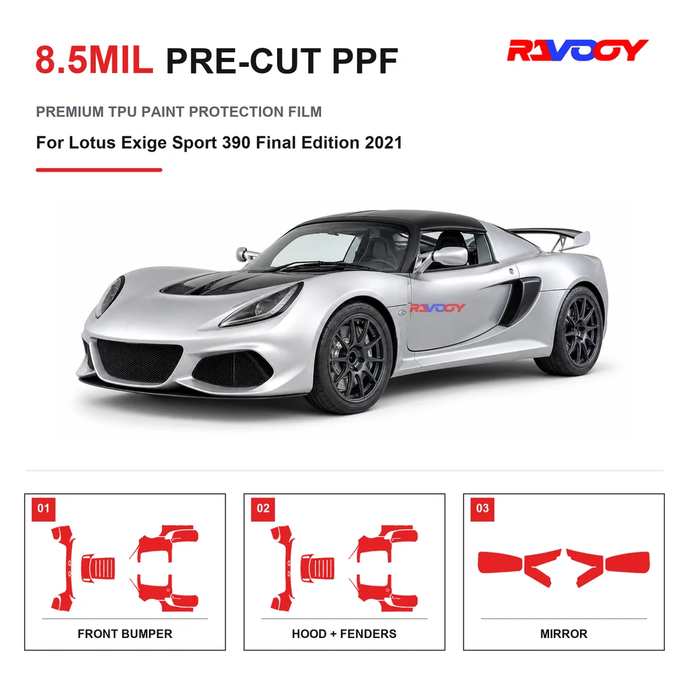Film de protection de peinture transparent en TPU auto-réparant, hydrophobe et anti-UV, pré-découpé pour Lotus Exige Sport 390 Final Edition 2021, 8,5 mil
