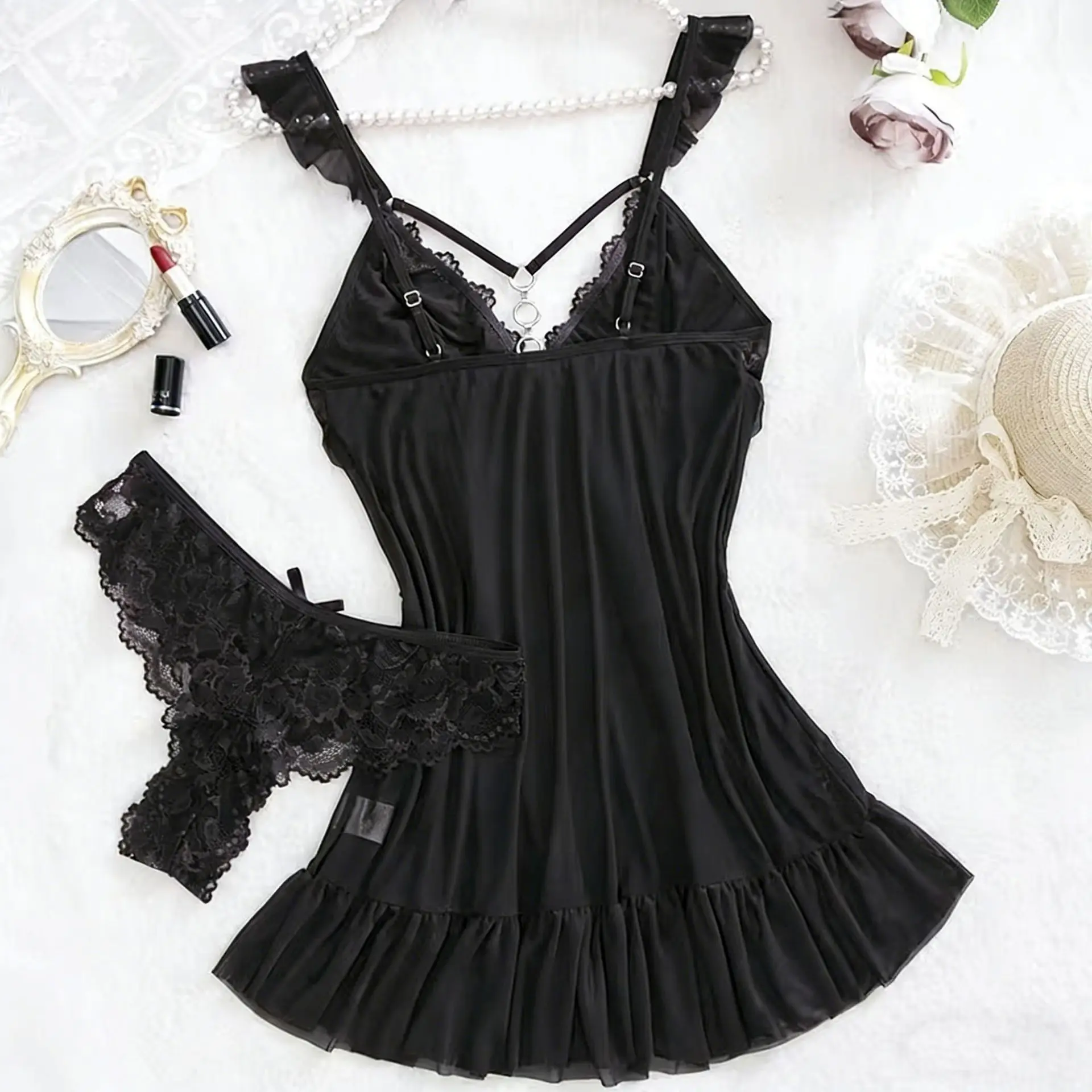 2026 New Red Sexy Lingerie Set Women Deep V Slip Dress Thong Erotic Bra Panty Sets Lace Nightdress Soft Nightgown wedding Pijama view 3