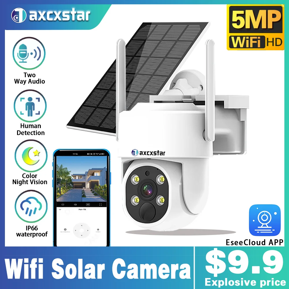 

5MP PTZ IP WiFi Camera Solar Power Low Comsunption Panel Built-in Battery Surveillance Cameras PIR Human Detection Outdoor IP66