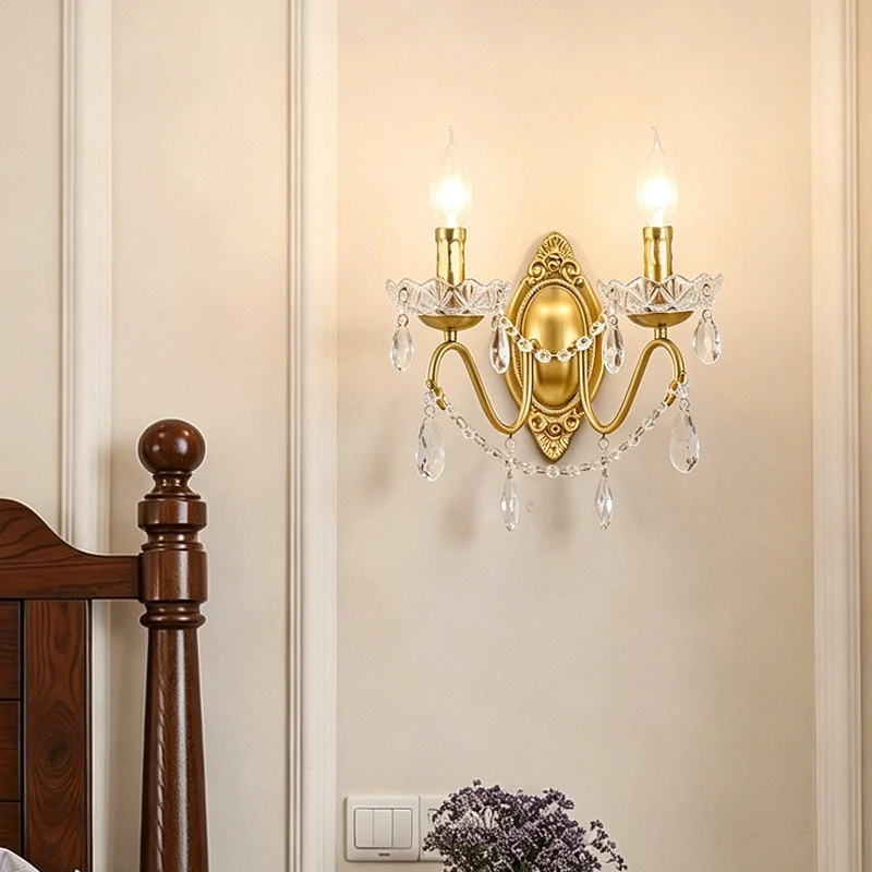 American Wrought Iron Crystal Wall Lamp Corridor Staircase Balcony Bedside Sofa Backgroun Foyer Affordable Luxury Decorati Light