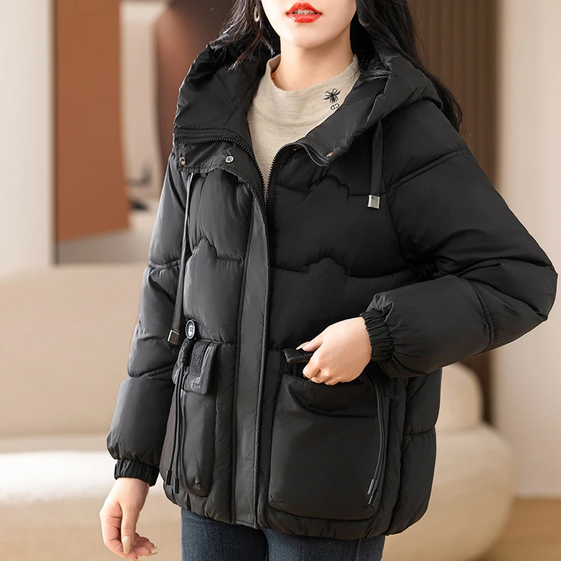 

Fashion New Thick Warm Cotton Padded Coats Loose Short Winter Jackets Chic Pockets Long Sleeve All-match Hooded Casual Outwear