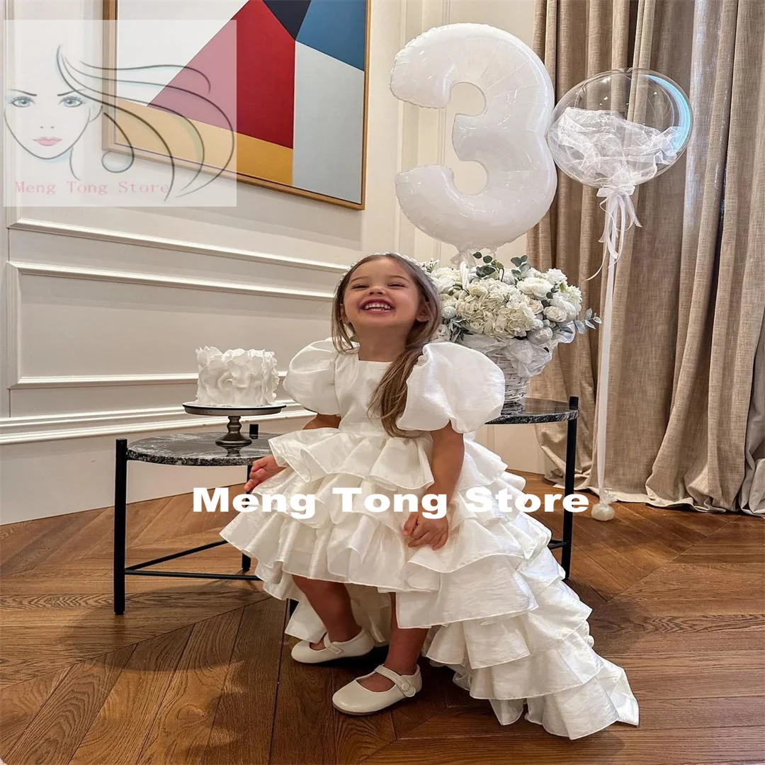 

Princess Flower Girl Dress For Wedding Puffy Layered Short Sleeve Ruffles Lovely Child First Eucharistic Birthday Party Dress