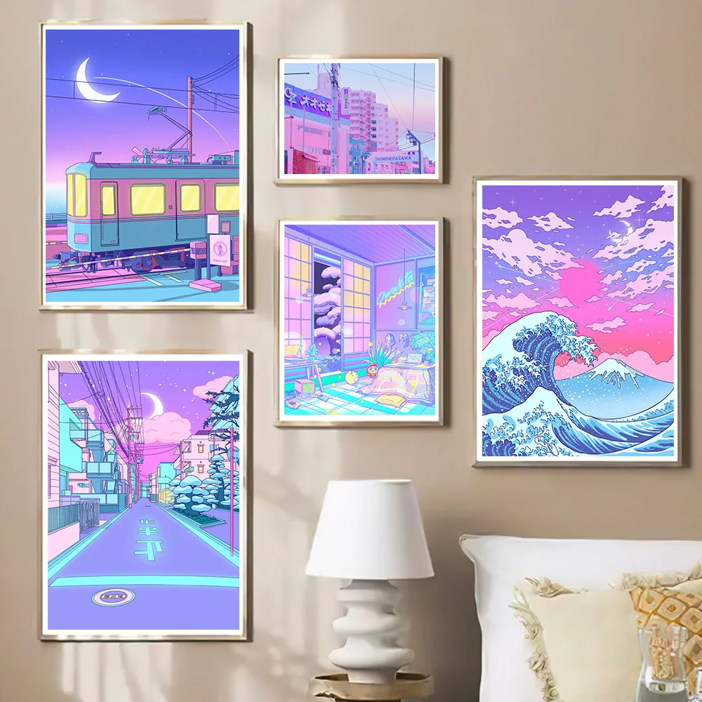 80s Neon City Street Vaporwave Canvas Posters Japan Street Moon Anime Decoration Painting Wall Art Print Kids Kawaii Room Decor