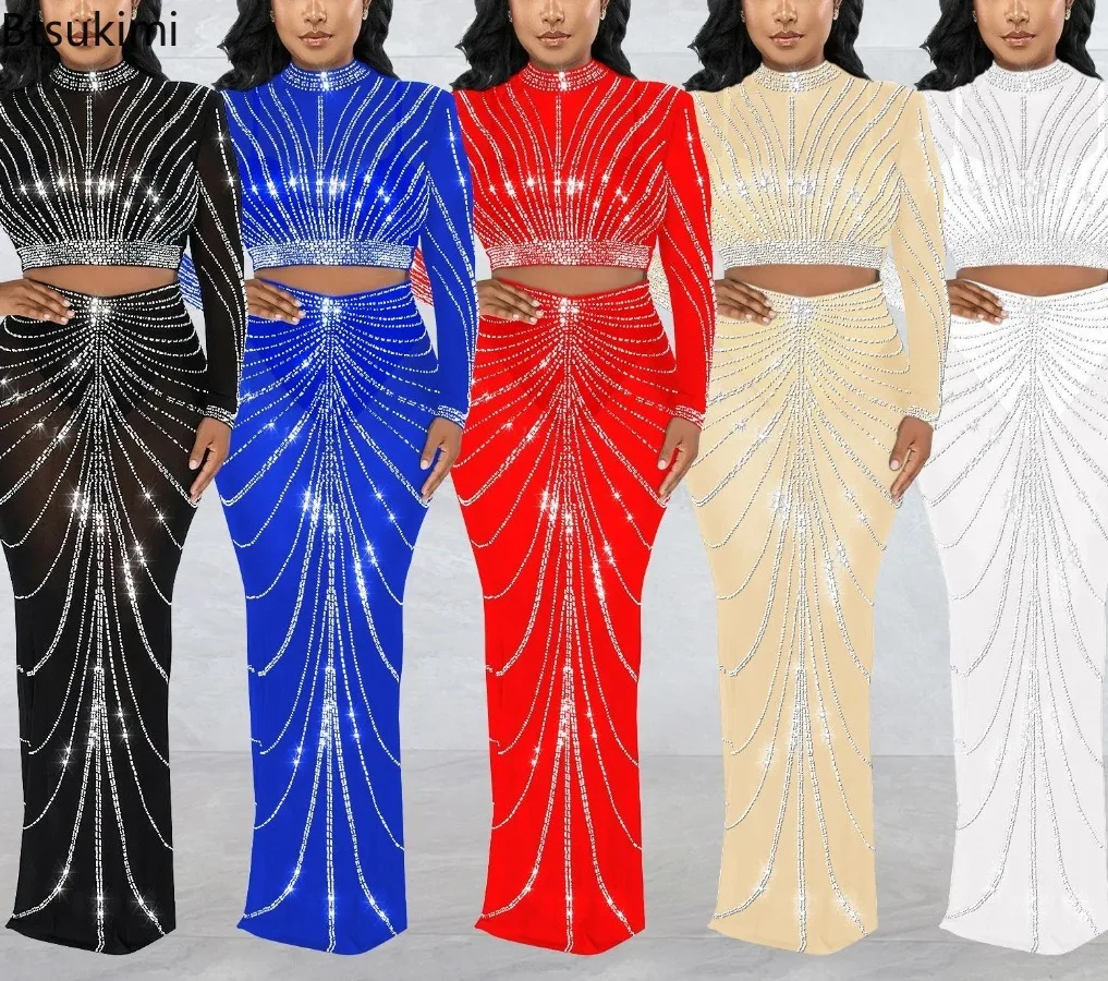 

New Elegant Mesh See Though Diamonds Hot Rhinestones Maxi Long Midi Skirts Sets Women Fashion Sexy Party Two 2 Piece Set Outfits