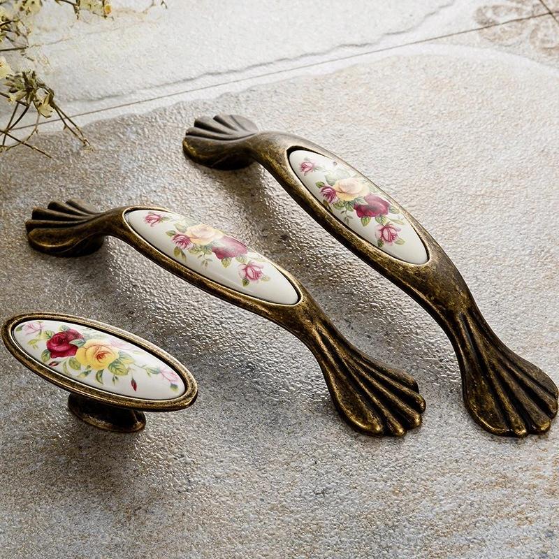 European Countryside Ceramic Cabinet Pulls, Single Hole Large Floral Drawer Handles, Furniture Hardware Accessories