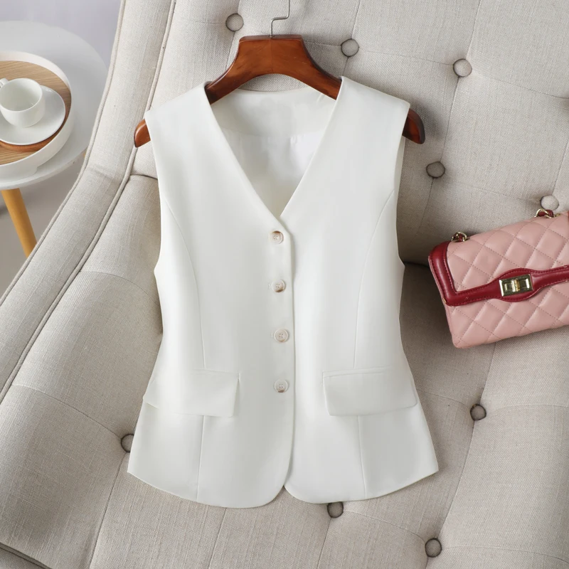 

White V-neck single breasted short slim fitting vest women's top coat, spring and autumn workplace elegance