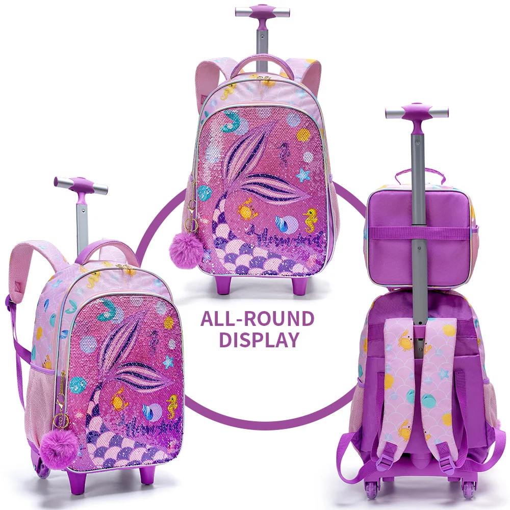BLING BABIES 3PCS Set Rolling Backpack For Girls, Cute Cartoon Mermaid Sequin Wheeled Bookbag For Elementary Students