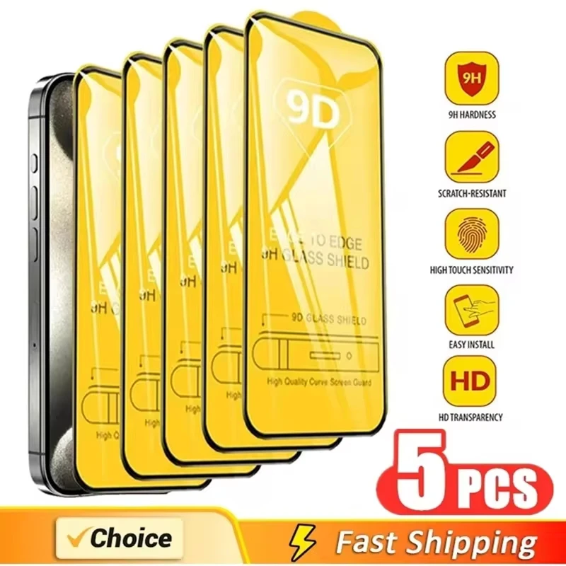 5Pcs 9D Protective Glass For iPhone 16 15 13 12 11 14 Pro Max Mini 8 Plus Screen Protector For iPhone XS MAX XR X Tempered Glass