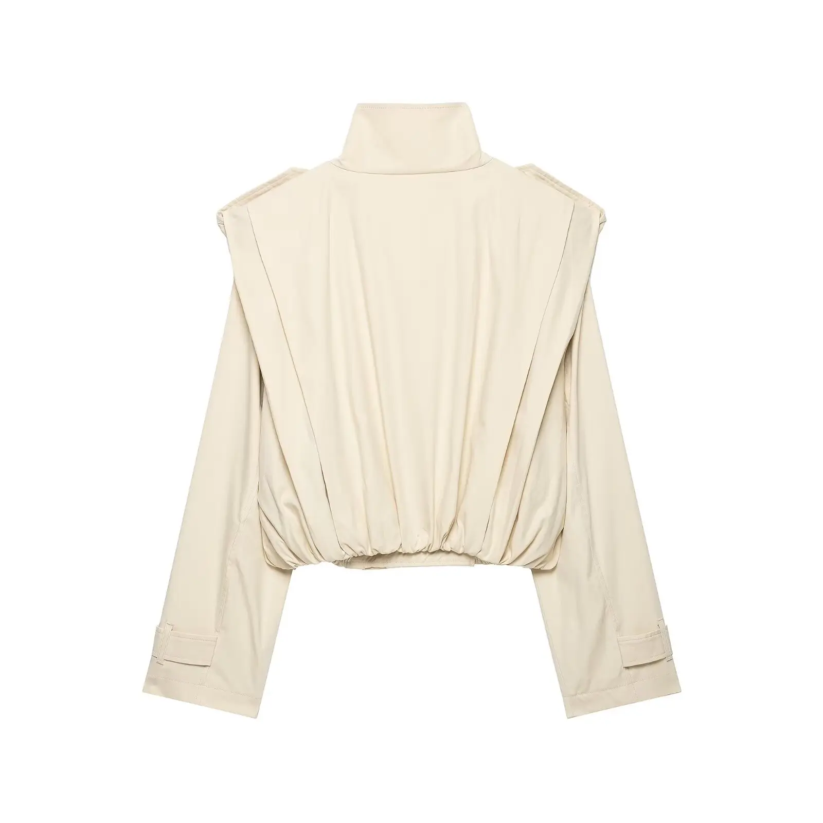 BSAY Vintage Street Women Double Breasted Cropped Trench Coat Pleated Detail Stand Collar Epaulet Long Sleeve Short Windbreaker