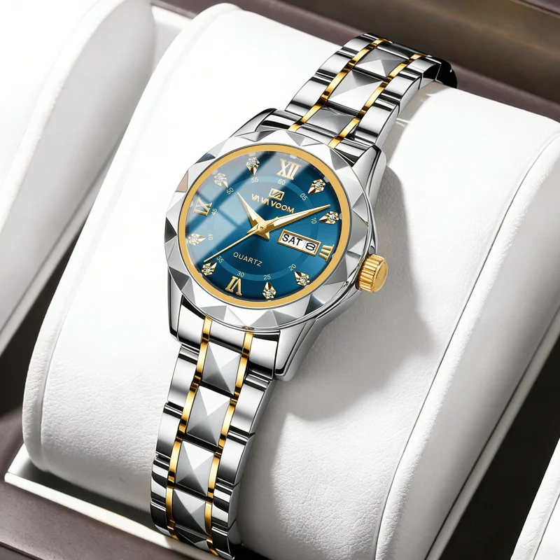 

Top Brand Luxury Fashion Business Women Quartz Watches Wholesale 3Bar Waterproof Week Date Diamond Women Wristwatch