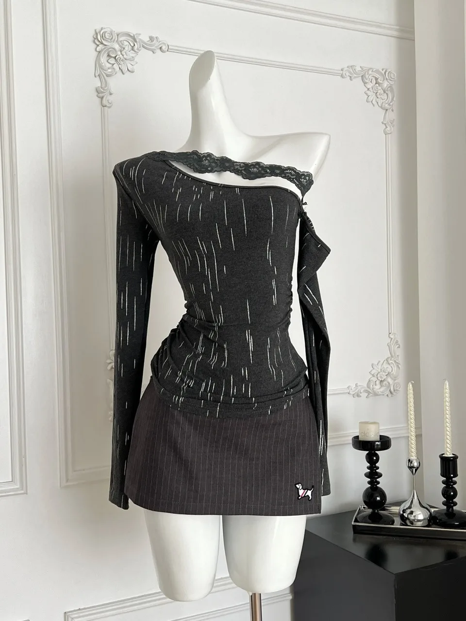 

Sweet Spicy Girl Two-Piece Set Women's Autumn Faion Design Lace Splice Knitted Top High Waist Bodycon Skirt Ensemble