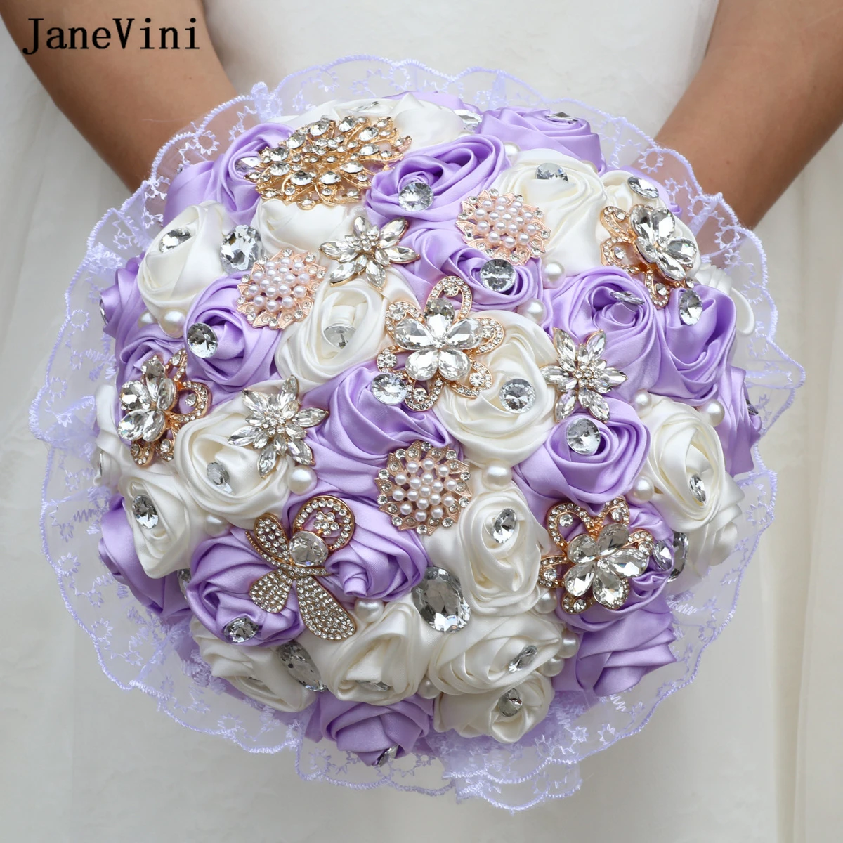 JaneVini-Broche Ivoire Abricot Élégant, Bouquet de Fleurs Poubelles en Satin Artificiel, Bouquets de Patients, Perles de Clip, Décoration de Mariage