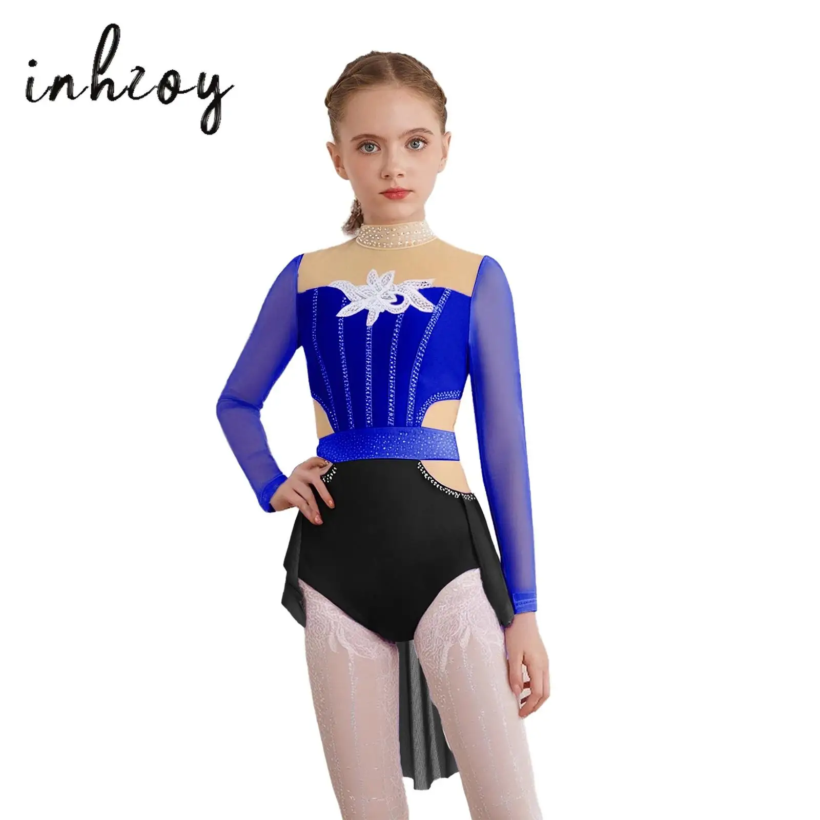 

Girls Modern Lyrical Dance Dress Kids Long Sleeve Sequins Applique Rhinestones Color Block Mesh Splice Ballet Skirted Leotard