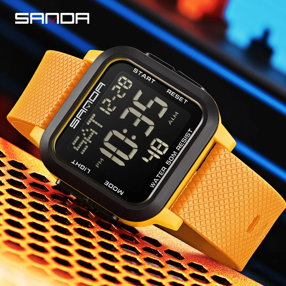 SANDA 2194 ساعة إلكترونية عصرية للطلاب متعددة الوظائف رياضية رقمية مقاومة للماء وإضاءة ليلية للرجال ساعة كاجوال
