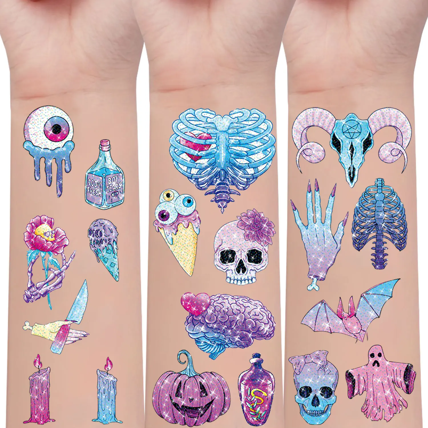 Glitzernde temporäre Tattoos, 10 Blatt, Halloween-Thema, 107 Stück, leuchtende Kürbis-Geister-Augapfel-Herz-Designs, wasserfestes Tattoo