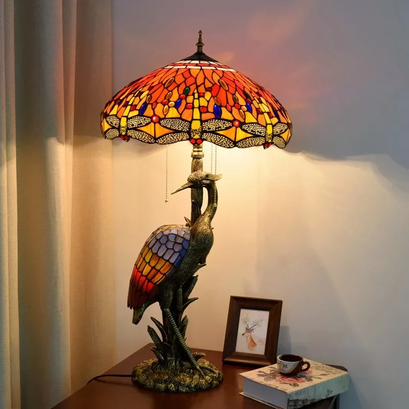 

Tiffany retro crane art desk lamp stained glass guest restaurant hotel decoration big red dragonfly lamp