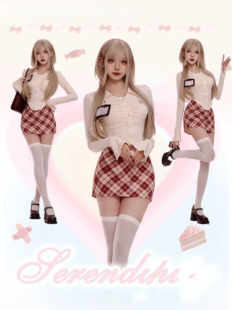 

Новый японский стиль Kawaii Clohting Slim Casual Bouse + красная клетчатая мини-юбка Y2k для вечеринки, милые модные комплекты из 2 предметов для женщин