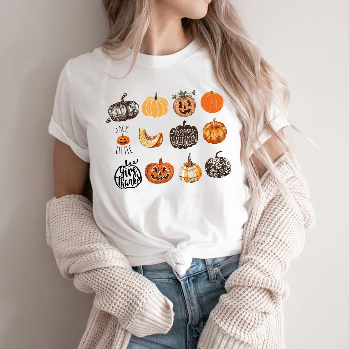 Fall Harvest Pumpkins Jack O Lantern Unisex T-Shirt Women\'s Fall Gift Halloween Shirt Harajuku Graphic T Shirts Cute Tees Tops