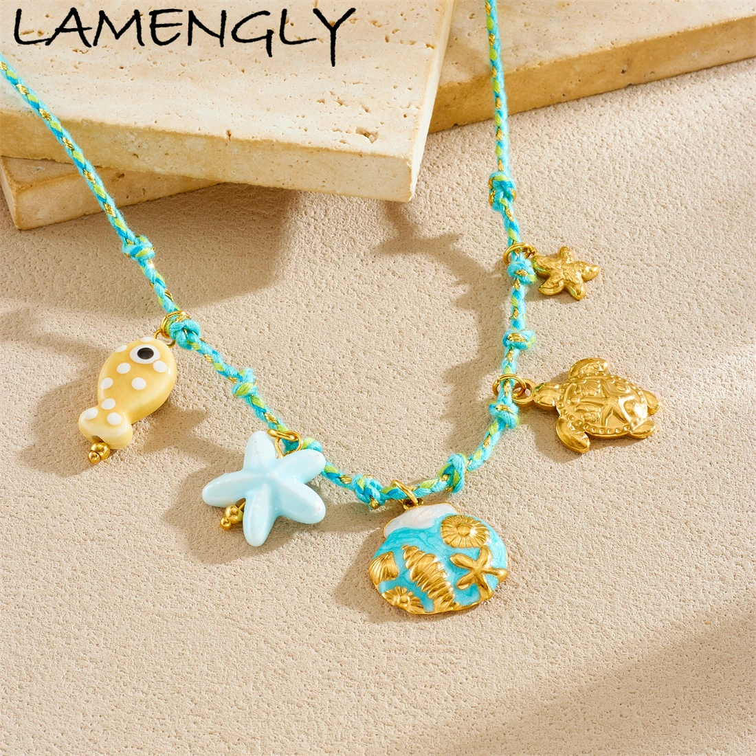 

LAMENGLY Blue Rope Chain Cute Animals Starfish Tortoise Shell Fossil Design Necklace Women 316L Stainless Steel Novel Neck Chain