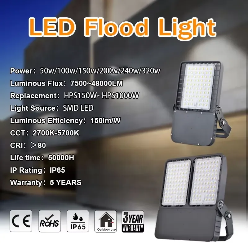 High Lumen IP65 ETL CE Power CCT Solar Cell 50W 100W 150W 200W 240W 320W Light Emitting Diode Outdoor Floodlight