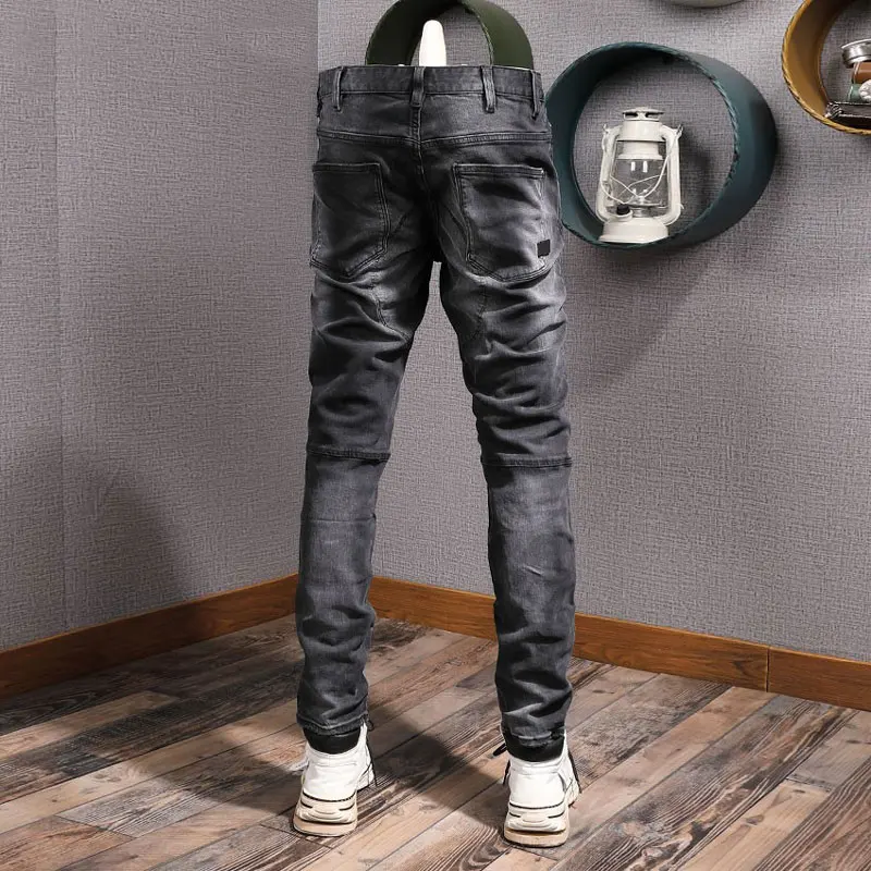 Moda de rua jeans masculino retro preto cinza estiramento fino ajuste emendado designer jeans motociclista remendado hip hop rasgado calças jeans