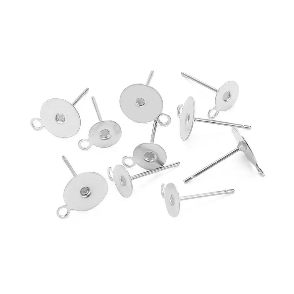 100Pcs Stainless Steel Earring Post Pins Flat Pad Blank Base Corrosion Resistant DIY Jewelry Findings Silver 8mm Base 12mm