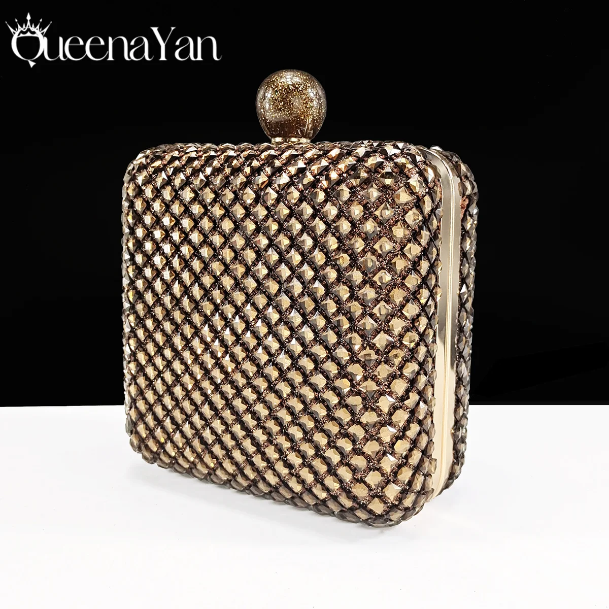 Queena Yan Coffee Color Elegant Lady Shoes And Bag Set with Full Rhinestone Embellished Pearls-knot And Comfortable Heel