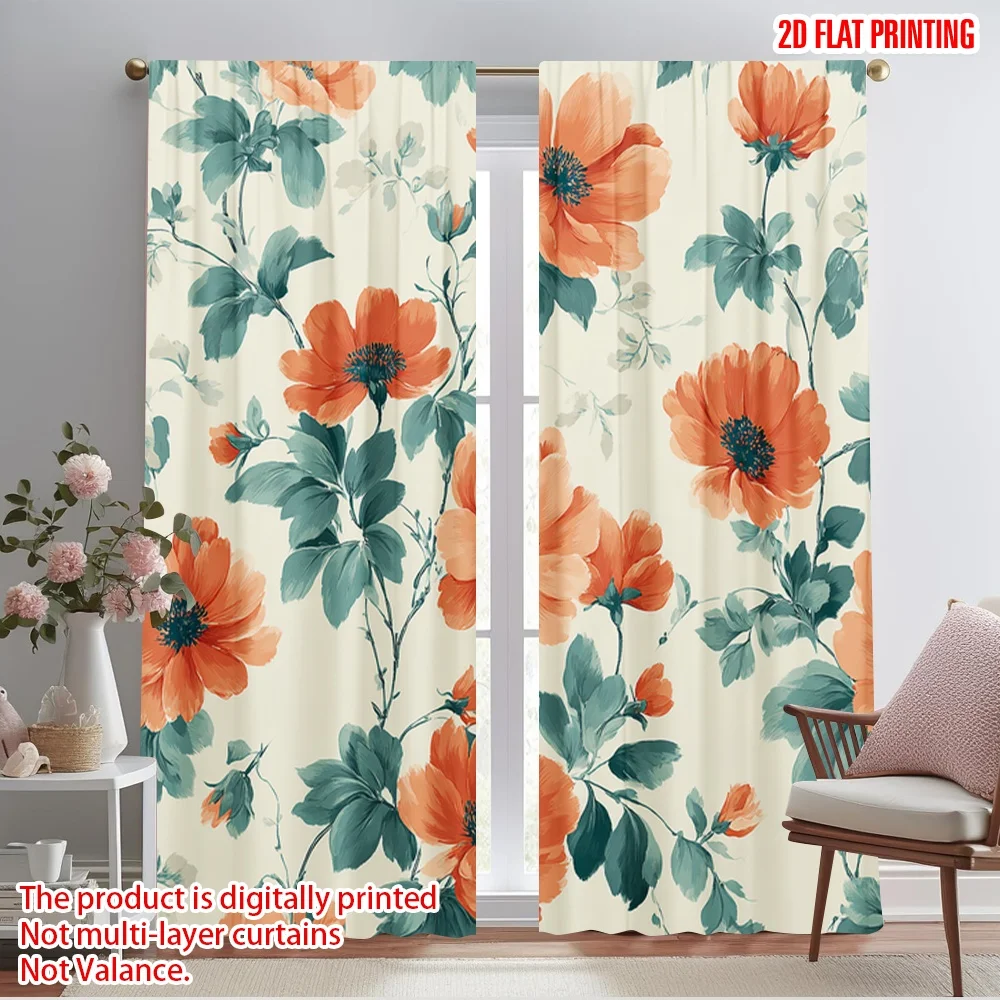 

2pcs 2D flat printing Party Window Curtains Floral Orange Flower Vintage Polyester Fabric Without Electricity Festive Holiday