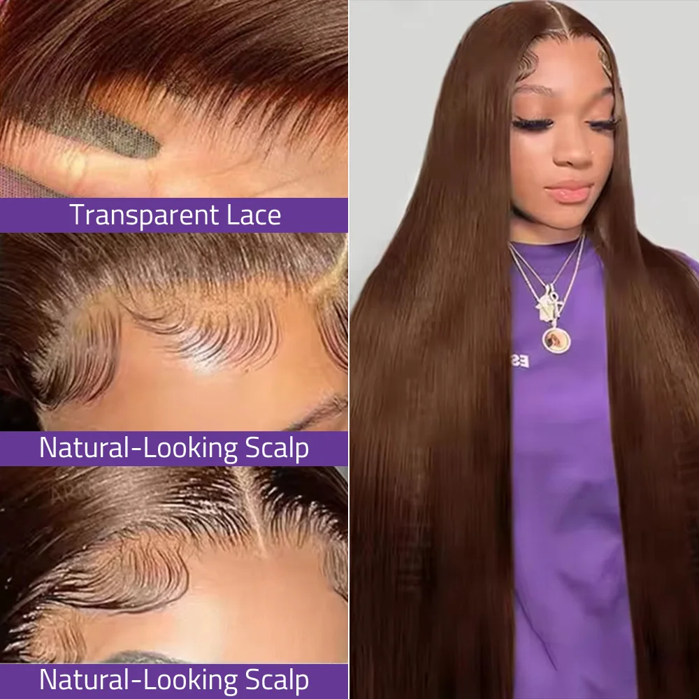 36 بوصة العظام مستقيم الدانتيل الباروكة 13x6 13x4 الدانتيل شعر مستعار أمامي 200 الكثافة # 4 شعر مستعار بدانتيل أمامي مستقيم بني شوكولاتة 100% شعر بشري